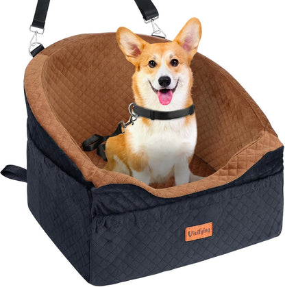 Vivifying Dog Car Seat for Small & Medium Dogs, Detachable & Washable Booster Seat for Pets Up to 30lbs, Travel Bed with Storage Pockets and Safety Belt – Brown&Black