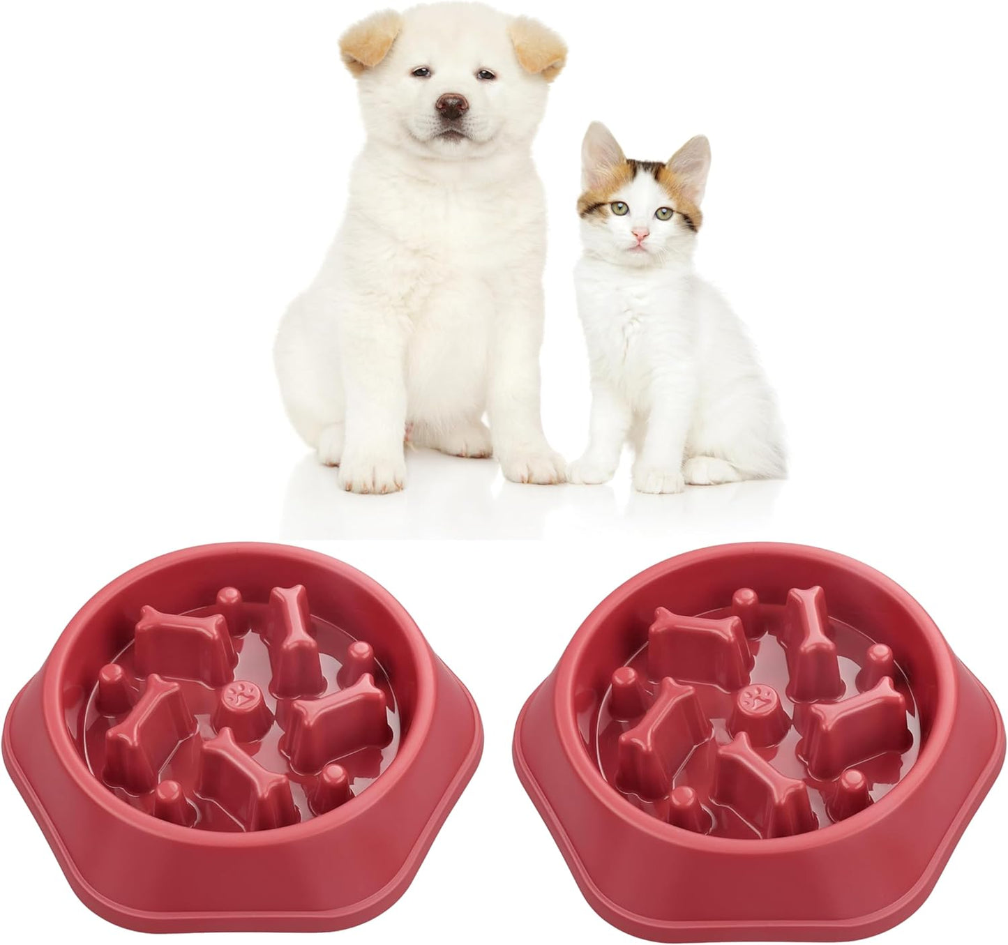 2PCS Slow Feeder Dog Food Bowl – Bowl Designed to Slow Eating, Promotes Healthy Digestion and Prevents Bloat, Ideal for Cats and Dogs (Red-Red)