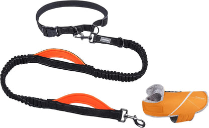 VIVAGLORY Hands Free Dog Leash + Dog Coat, Running Waist Leash with Belt for Running Walking, Warm Fleece Lined Reflective