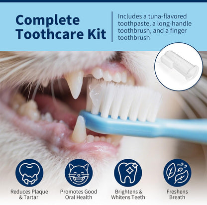 Cat Dental Care Kit – Tuna Flavor Toothpaste 1.06 oz with Toothbrush & Finger Brush | Gentle Formula, Fresh Breath & Plaque Control