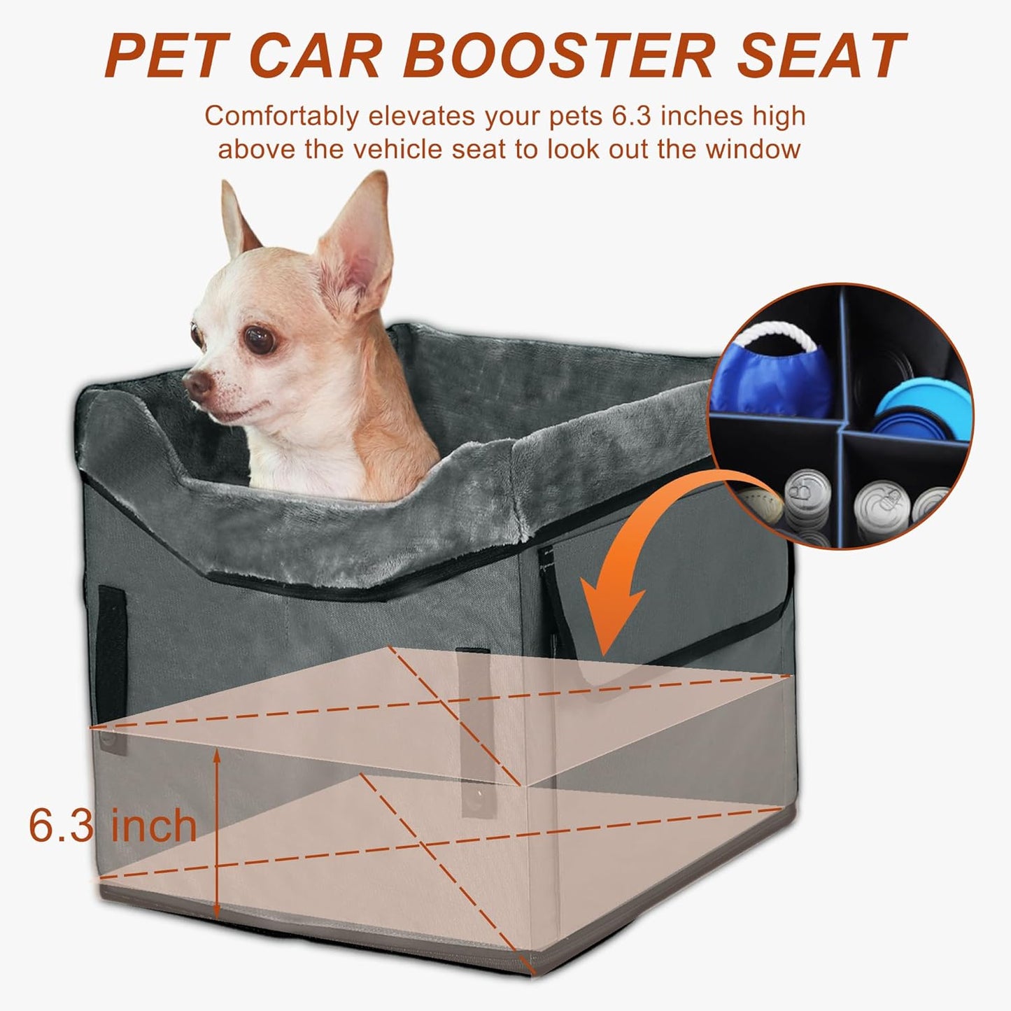 Dog Car Seat for Small Dog, Portable Dog Car Travel Bed, Car Seat Storage Pockets Cat Backpack, for Puppy Travel Bed for Small Pet, Small, Gray