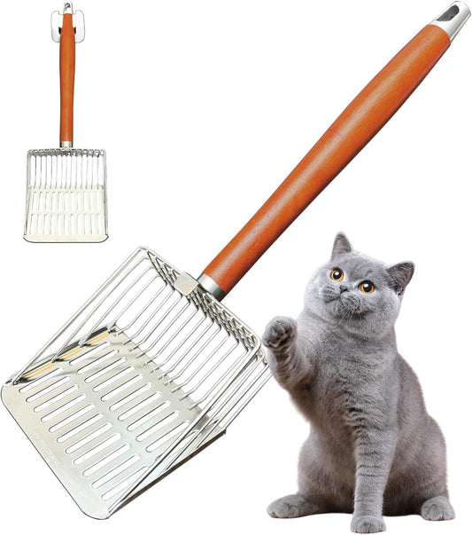 Metal Cat Litter Scoop with Holder, 10.9" Long Oak Handle Stainless Steel Litter Scooper for Deep Litter Boxes (2-in-1 Gap Design)