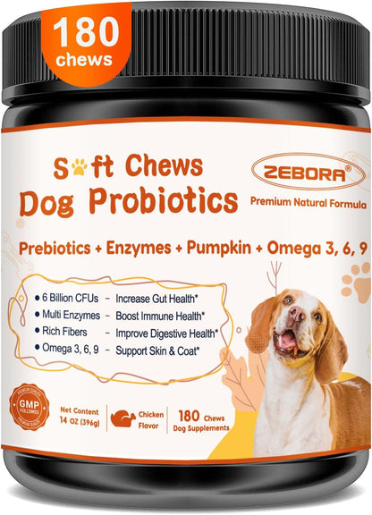 ZEBORA Probiotics for Dogs, Dog Probiotics, for Digestive Health, Plus Pumpkin and Fish Oil, for Gut & Itchy, 180 Soft Chews