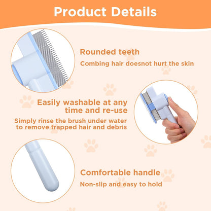 2 Pcs Pet Flea Hair Comb Self Cleaning Cat Brush with Release Button Comfort Safety Stainless Steel Brush Short Long Hair Removal Dogs Grooming Comb for Shedding Tangles
