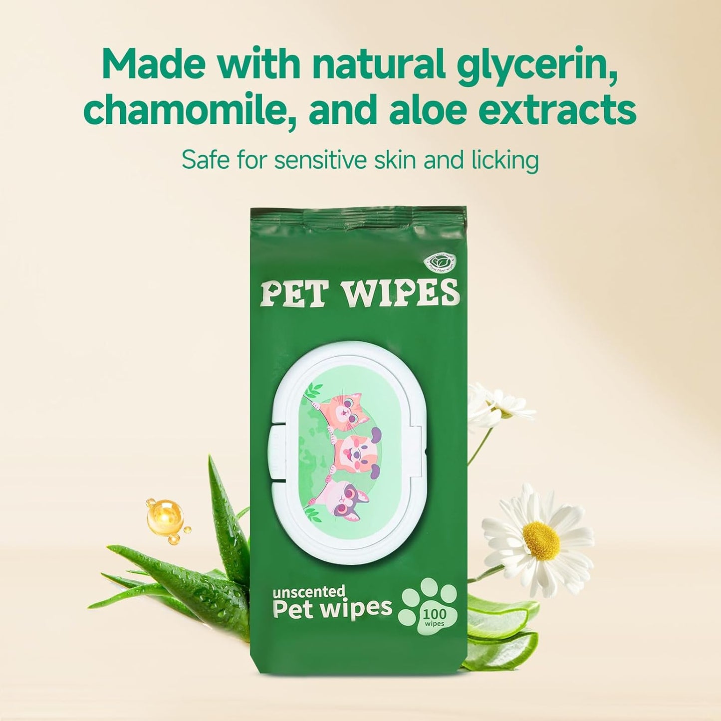 100 Count Dog Wipes for Paws and Butt, Plant-Based Gentle Ingredients, Hypoallergenic Fragrance Free Pet Wipes for Puppy Sensitive Skin Cleaning, Grooming, and Deodorizing, 8" x 8", Unscented