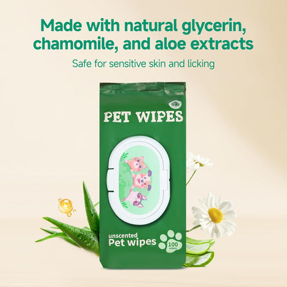 100 Count Dog Wipes for Paws and Butt, Plant-Based Gentle Ingredients, Hypoallergenic Fragrance Free Pet Wipes for Puppy Sensitive Skin Cleaning, Grooming, and Deodorizing, 8" x 8", Unscented
