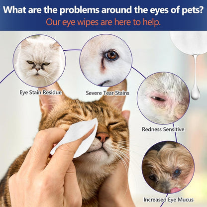 60Pcs Eyes Wipes for Dogs & Cats - Gently Remove Tear Stain, Debris, Discharge, Non Stinging Formula to Remove Eye Debris,Pet Cleaning Grooming Deodorizing Wipes Wash Cleaner for Eyes, Wrinkle, Face