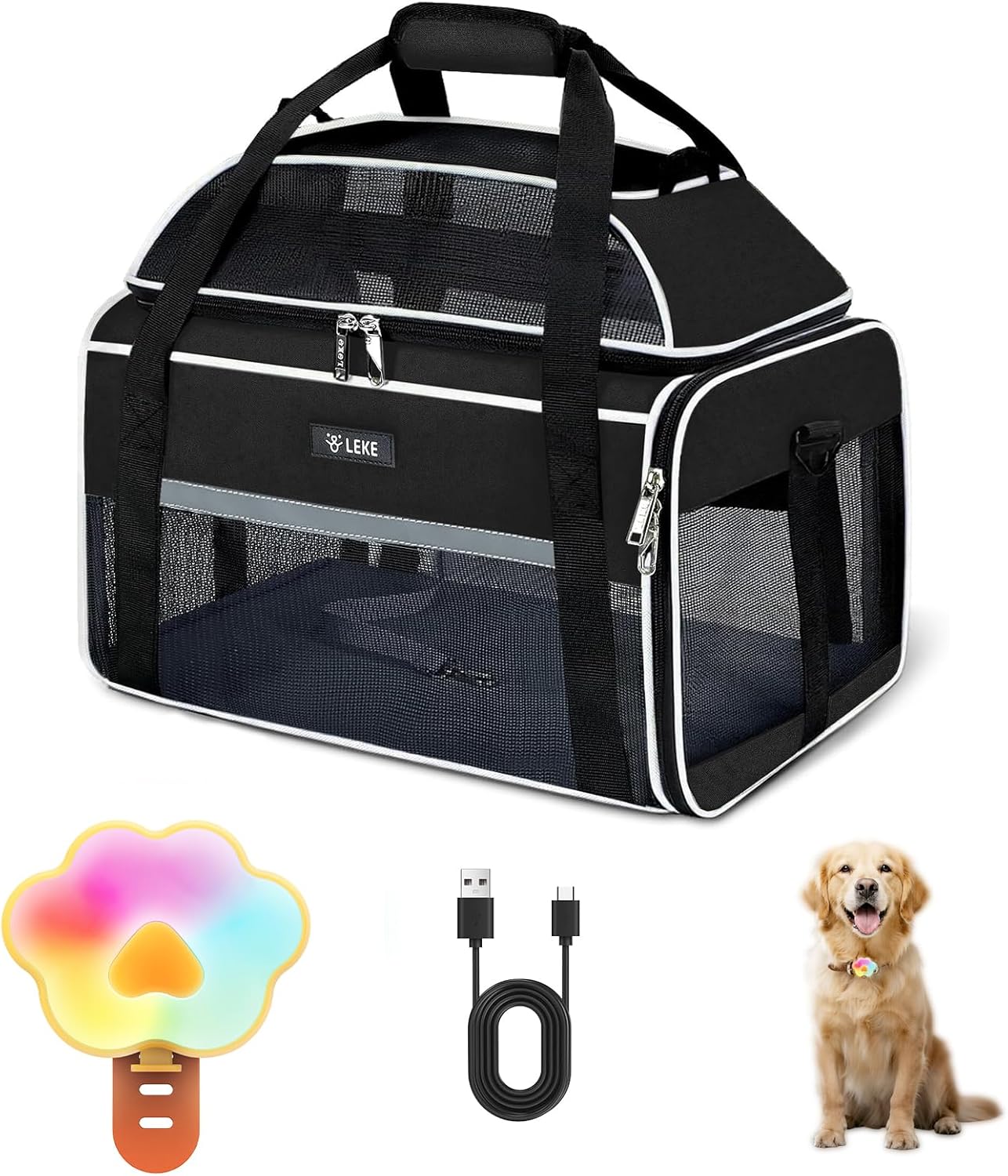 Lekereise Top-Expandable Pet Carrier with Dog Collar Light LED - TSA Airline Approved Soft Sided Underseat Up to 15lbs Travel Carriers for Small Cats and Dogs Black