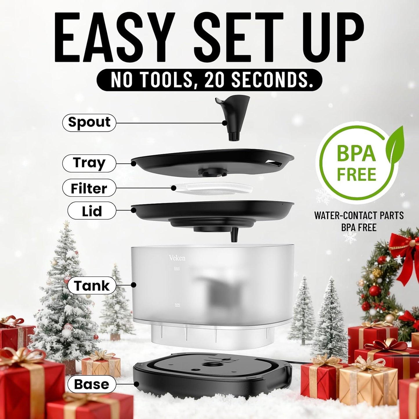 Veken Cat Water Fountain with Detachable Tank, Easy to Clean & Assemble, 84oz/2.5L Pet Drinking Dispenser with Quiet Operation & LED Light, Gifts for Christmas, Cats, Dogs and Small Pets, Black