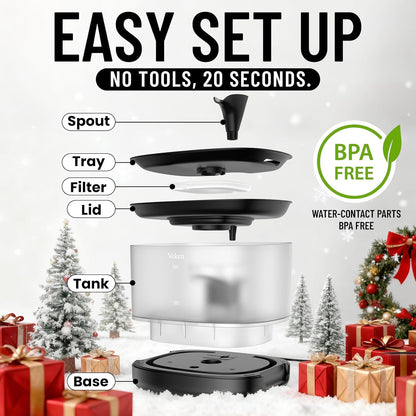 Veken Cat Water Fountain with Detachable Tank, Easy to Clean & Assemble, 84oz/2.5L Pet Drinking Dispenser with Quiet Operation & LED Light, Gifts for Christmas, Cats, Dogs and Small Pets, Black