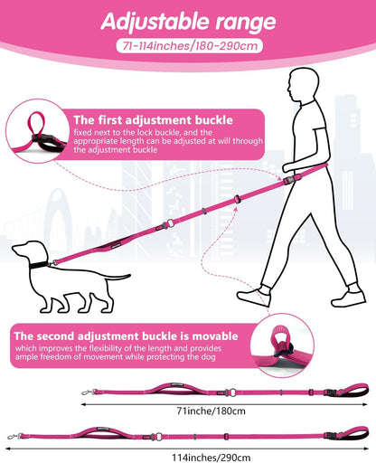 Hands Free Dog Leash & Car Seatbelt, 5.9-9.5ft Crossbody Dog Belt with Dual Soft Handles, Shock-Absorbing, 360° Clip, Reflective Design for Walking, Running, Hiking, Travel. (Rosered)