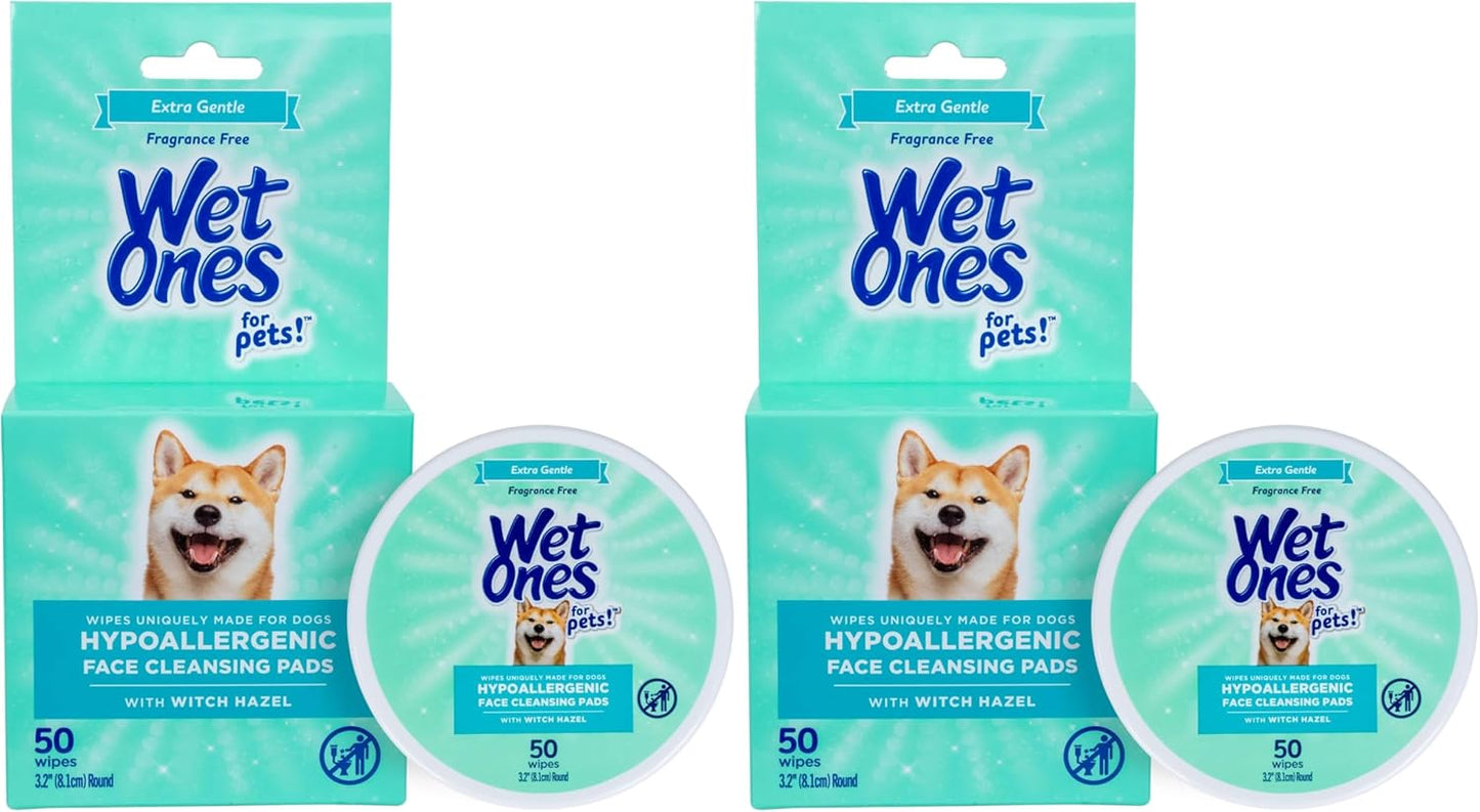 Wet Ones for Pets Hypoallergenic Face Cleansing Pads for Dogs, Fragrance Free - Small, Disposable Round Dog Face Cleaning Wipes, Extra Gentle, 50 Count (Pack of 2)