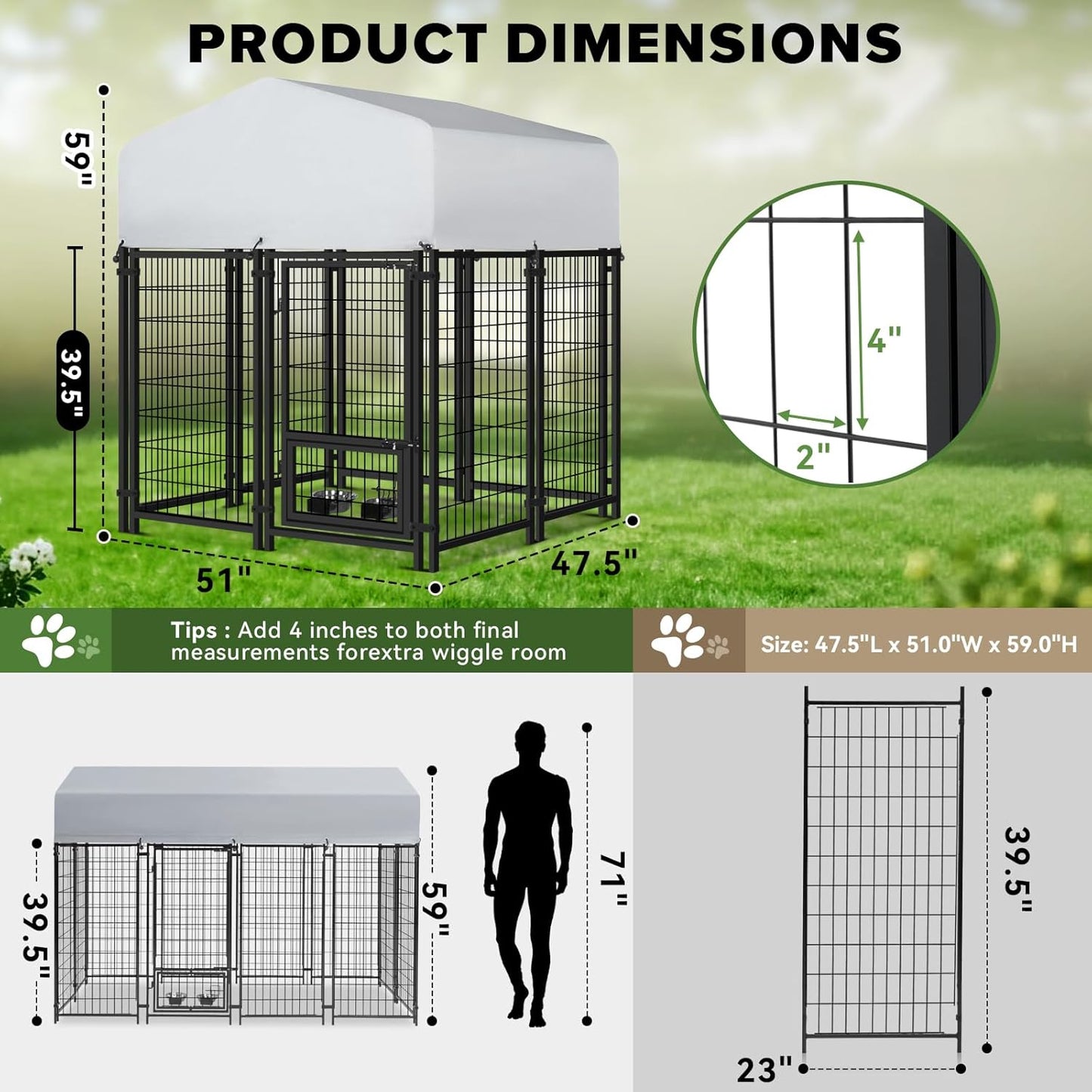 Oranland 4x4x5FT Dog Kennel Outdoor for Medium/Small Dogs, Welded Wire Outside Dog Pen, Anti-Rust Dog Run with Secure Lock/UV-Resistant Waterproof Roof/Swivel Stainless Steel Feeding Bowls