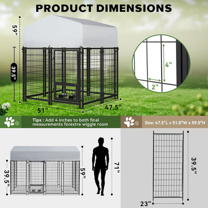 Oranland 4x4x5FT Dog Kennel Outdoor for Medium/Small Dogs, Welded Wire Outside Dog Pen, Anti-Rust Dog Run with Secure Lock/UV-Resistant Waterproof Roof/Swivel Stainless Steel Feeding Bowls