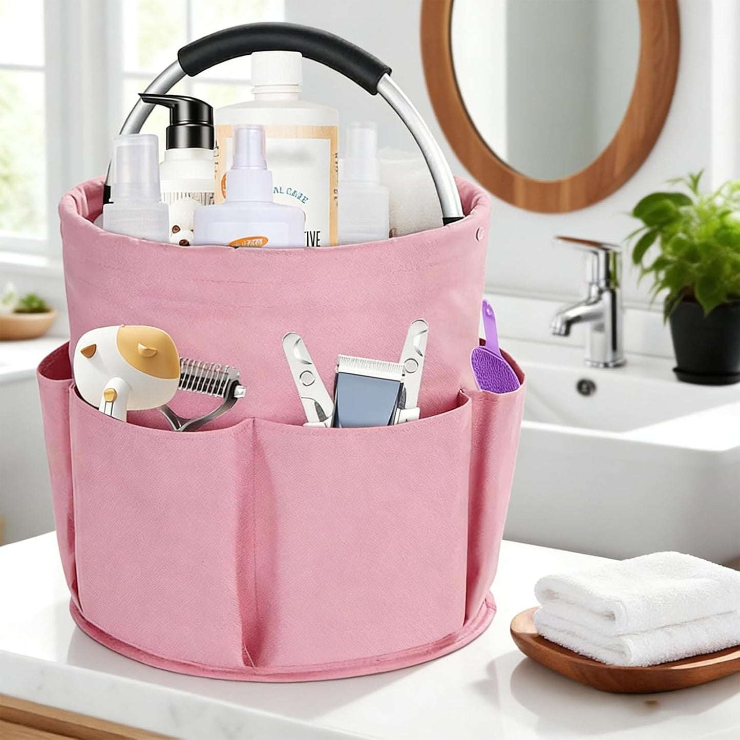 Felt Pet Dog Grooming Bag, Small Pet Grooming Tote Bag, 6-pocket Dog Grooming Supplies Organiser, Travel Outdoor Hold for Clippers Nail Grinder, Cleaning Brush, Trimmer, Nozzle, Pink