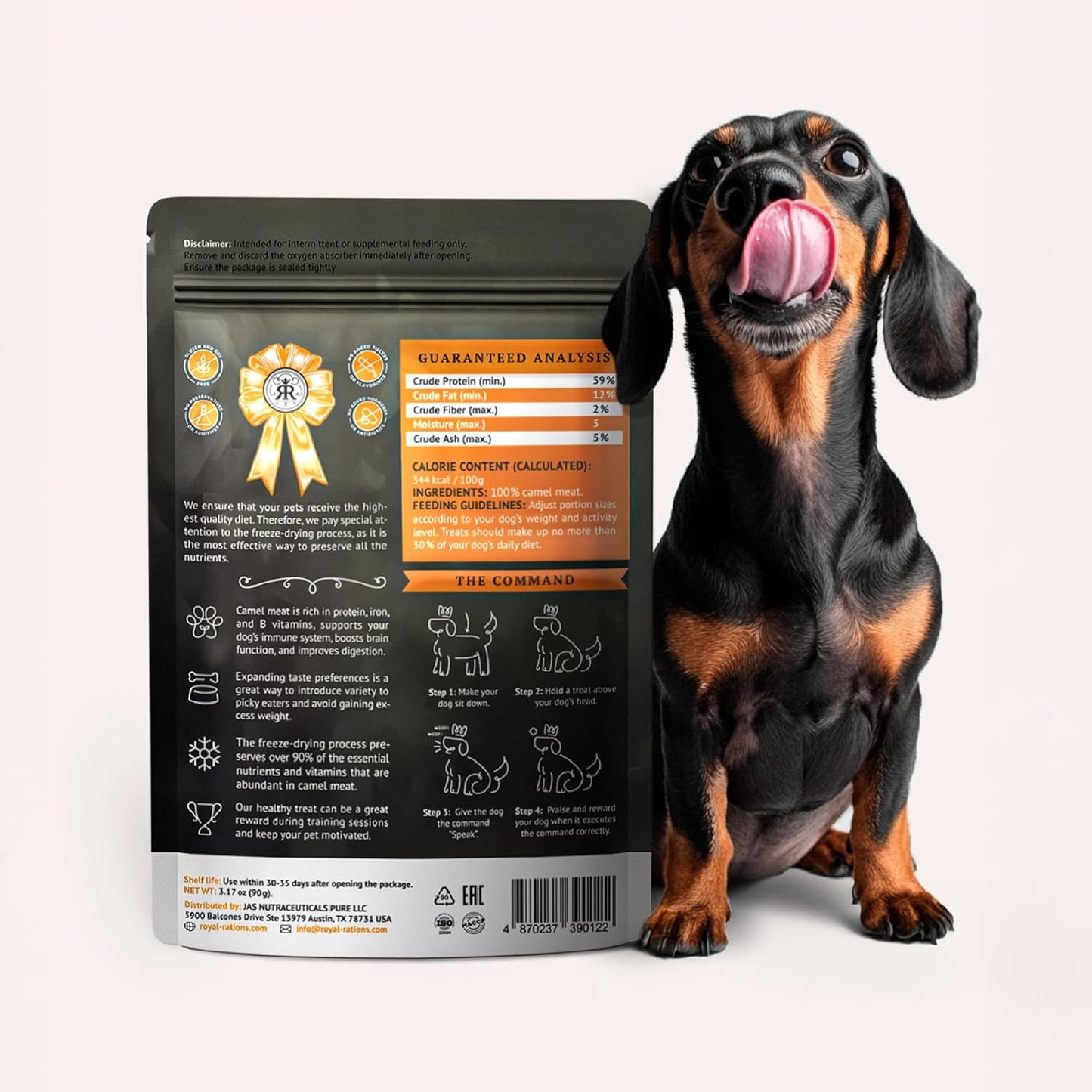 Freeze Dried Raw Dog Food, 100% Camel Meat, Allergy Relief, Monoprotein, Training Treats, Single Ingredient, for Puppies, Adults and Seniors, 3.17 oz Bag (3.17 oz, Pure Camel Meat)