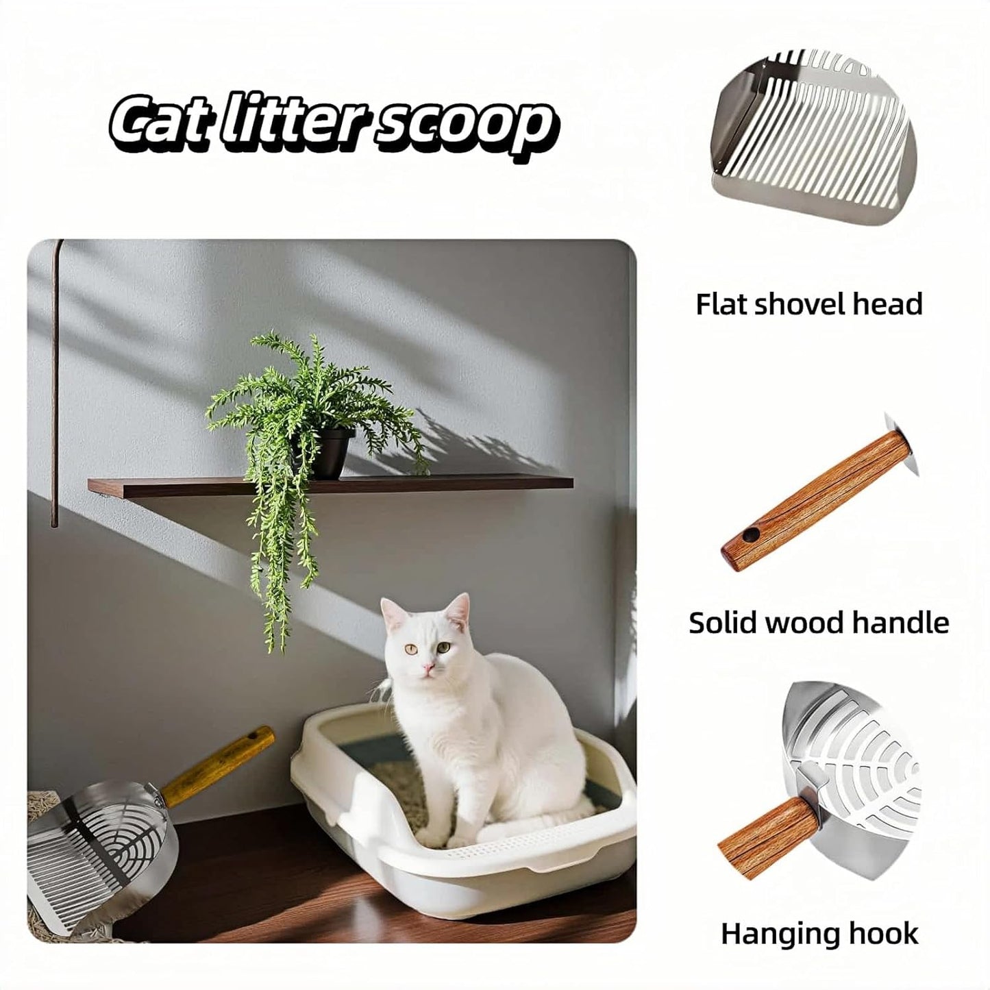 Premium Stainless Steel Cat Litter Scoop-Triple Guard Walls&Non-Stick Design,Silver,Flat Shovel Head Design Solid Deep Edge Wood Handle,Dual Hooks 1Pack,6.1x5.3inch (Silver long strip) (Silver)