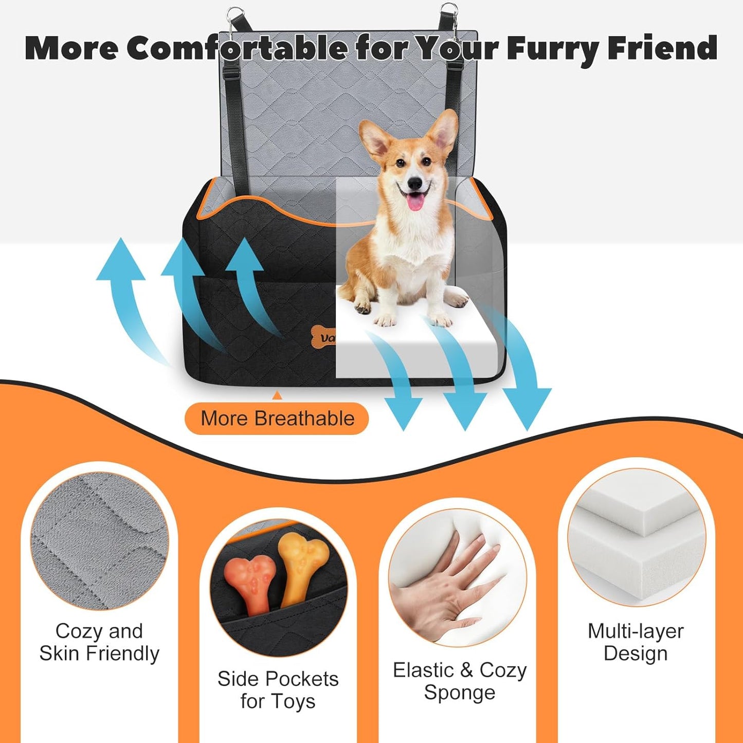 Small Dog Car Seat, Waterproof Dog Booster Seat with Thick Cushion & Safety Leash, Removable Car Back Seat Bed for 1 Small Dogs Under 25lbs, Pet Car Seat for Travel, Black/Gray