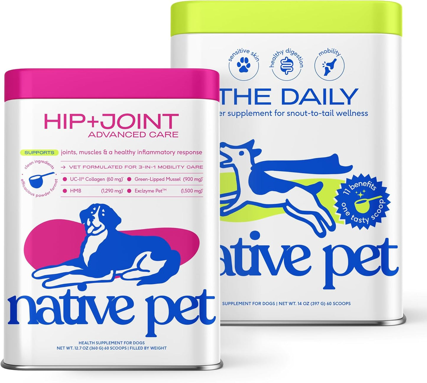 Native Pet Joint Health & Daily Wellness Pack: Hip & Joint Supplement for Dogs - Supports Joints, Cartilage, Muscles & Anti-Inflammatory & Dog Vitamins & Supplements 11-in-1 Multivitamin - 60 Scoops