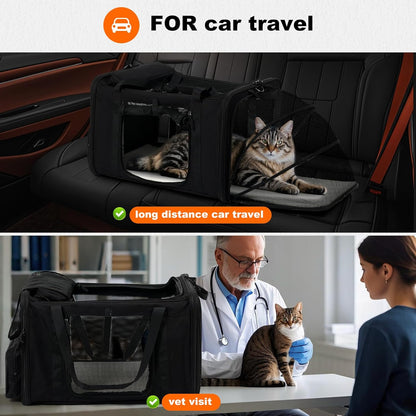 25''(L) x 17''(W) x 17''(H) Extra-Large Expandable cat Carrier for Long Distance car Travel,for 1 Extra-Large cat / 2 Large Cats / 3 Small-Medium Cats up to 35 lbs(Black)
