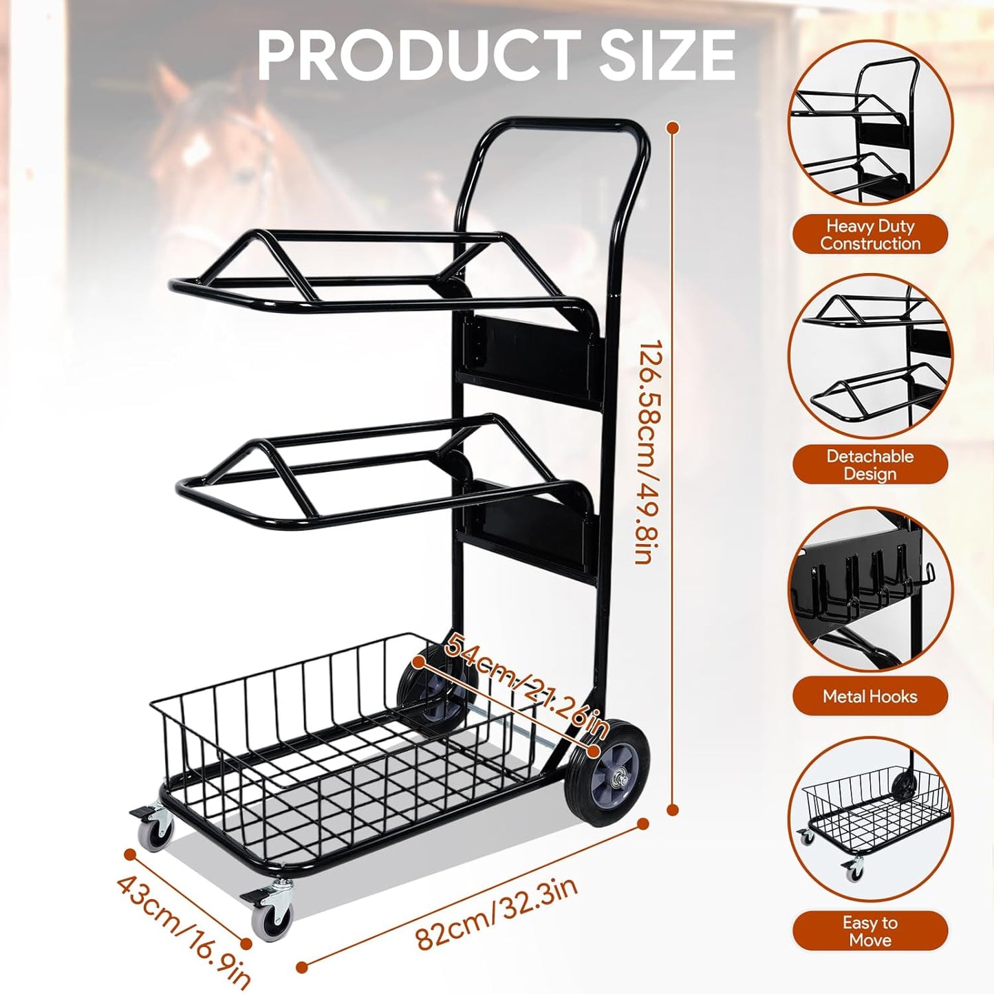 2 Tier Rolling Saddle Rack Cart with Basket,32" ×17",Foldable Horse Tack Cart with Wheels, Load 220 Lbs Capacity, Heavy Duty Horse Trailer Organizer, for Moving, Organize Tack