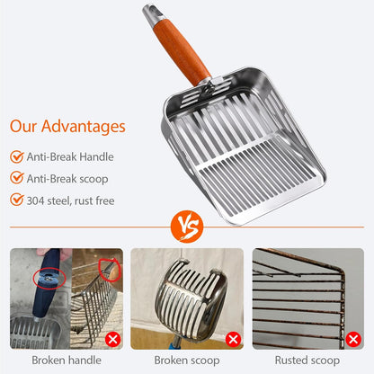 304 Stainless Steel Cat Litter Scoop with Holder Stand, One-Piece Pressed Design with No Weld Spots, Durable Anti-Break Handle, Dual Slot Sizes, Easy to Clean, Filters Small Litter Clumps