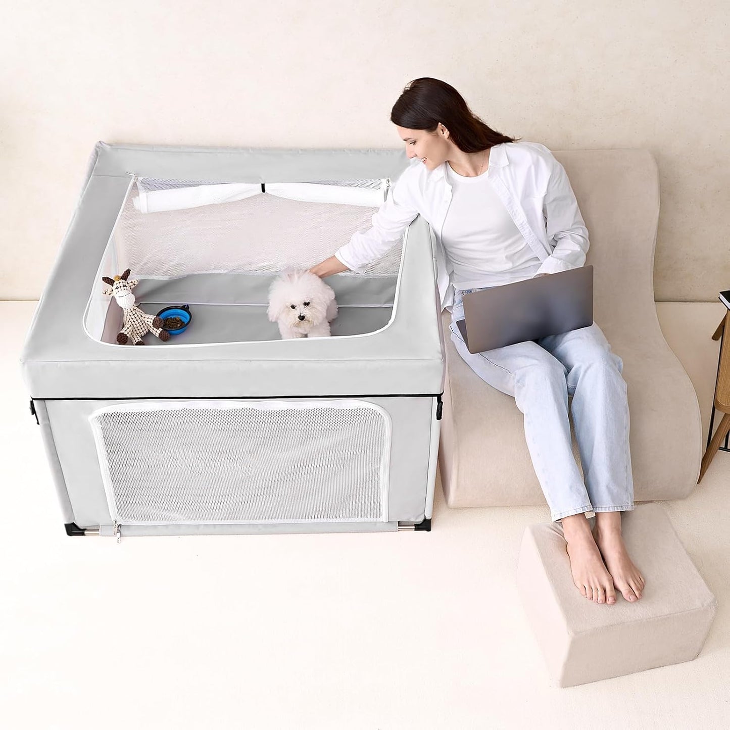 EHEYCIGA 42x42x26 Inches Puppy Playpen with Top Cover for Dogs & Cats Indoor or Outdoor - Dog Playpen with Door, Dog Fence for Small Animal with Heavy-Duty Oxford & Steel Frame, Sliver Grey