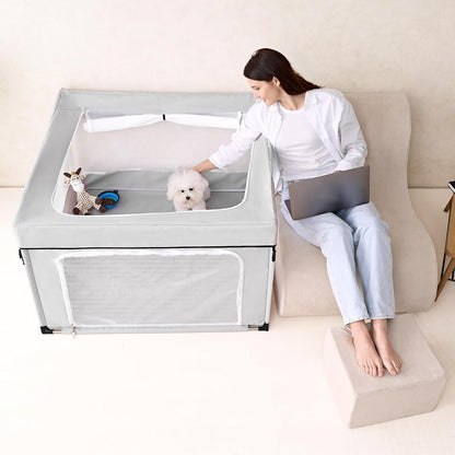 EHEYCIGA 42x42x26 Inches Puppy Playpen with Top Cover for Dogs & Cats Indoor or Outdoor - Dog Playpen with Door, Dog Fence for Small Animal with Heavy-Duty Oxford & Steel Frame, Sliver Grey