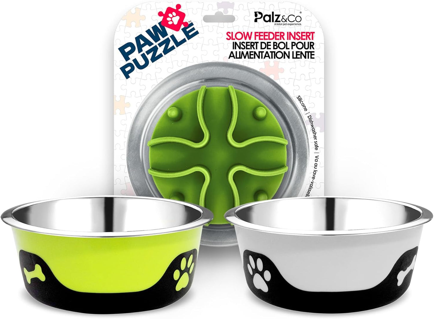Thermocool XL Dog Bowl Set with Slow Feeder Insert – 2 Pack 64oz Stainless Steel Insulated Bowls + Palz&Co Paw Puzzle Insert, (3 Pack)