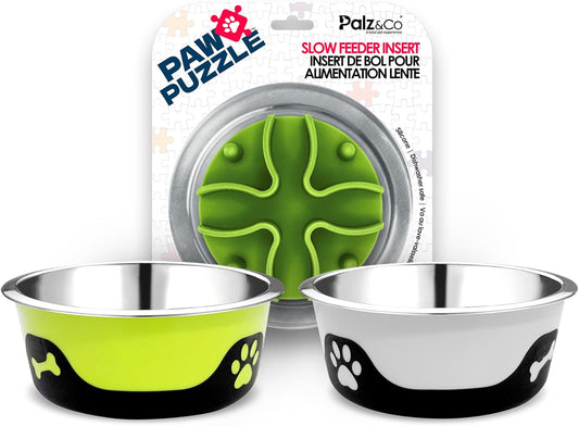 Thermocool XL Dog Bowl Set with Slow Feeder Insert – 2 Pack 64oz Stainless Steel Insulated Bowls + Palz&Co Paw Puzzle Insert, (3 Pack)
