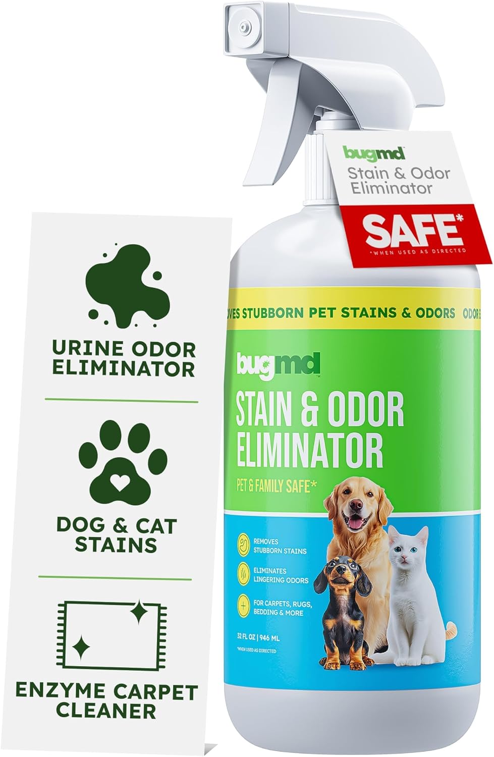 BugMD Enzyme Cleaner for Dog & Cat Urine | Pet Stain and Odor Remover for Carpet & Home | Unscented Urine Destroyer & Deodorizer