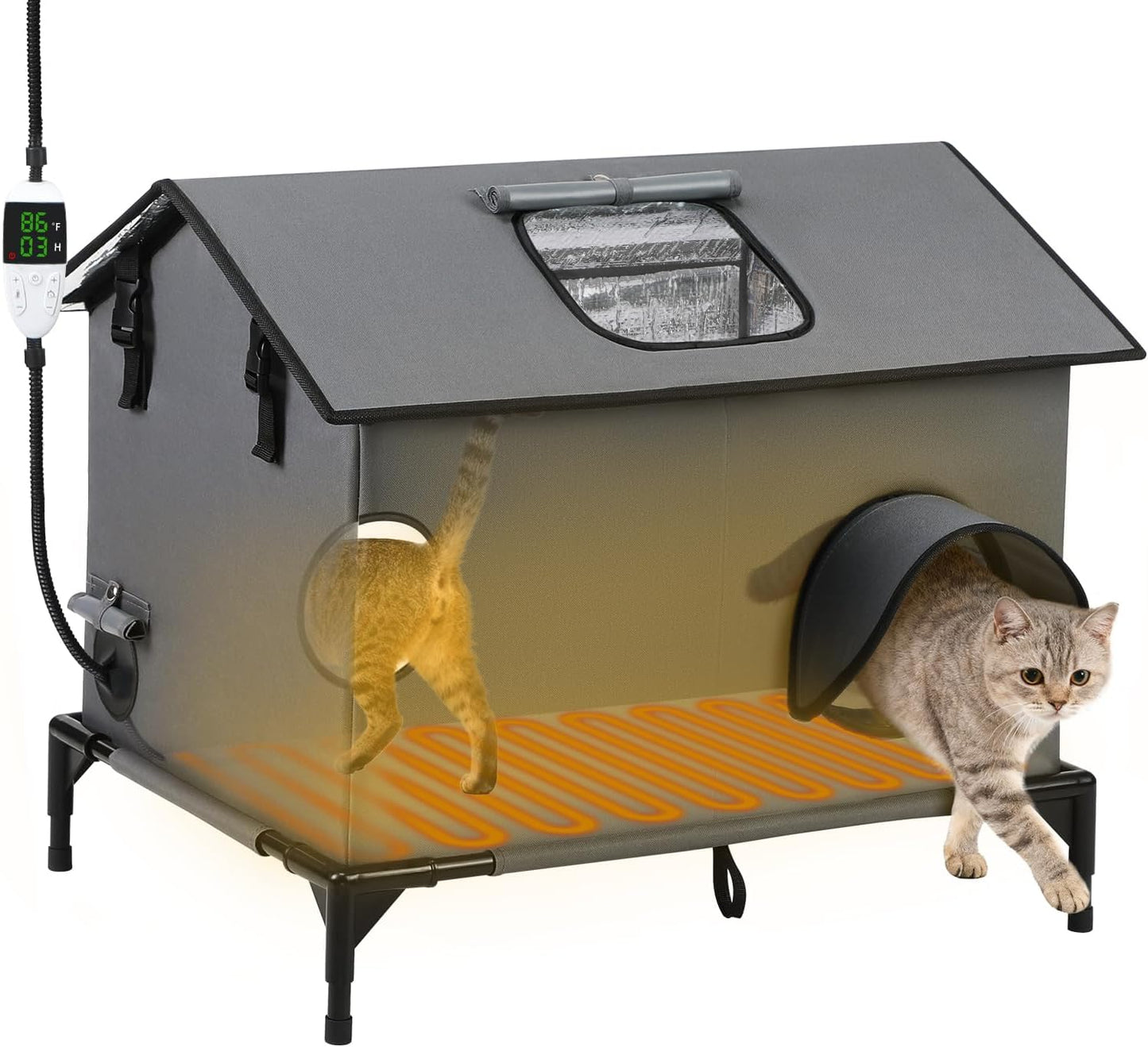 Large Heated Cat House for Outside, Weatherproof Insulated Indoor Outdoor Cat House with Adjustable Heating Pad, Escape Door & Elevated Base, Warm Shelter for Feral Stray Barn Cats, 25”Lx19”Wx22”H