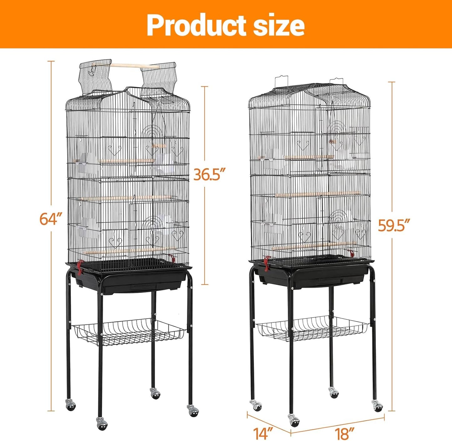 Large Wrought Iron Bird Cage with Open Play Top – 65.5 Inch Flight Cage for Parrots, Conures, Cockatiels, Lovebirds, Parakeets, Budgies – Heavy-Duty Detachable Rolling Stand & Storage Shelf – Black