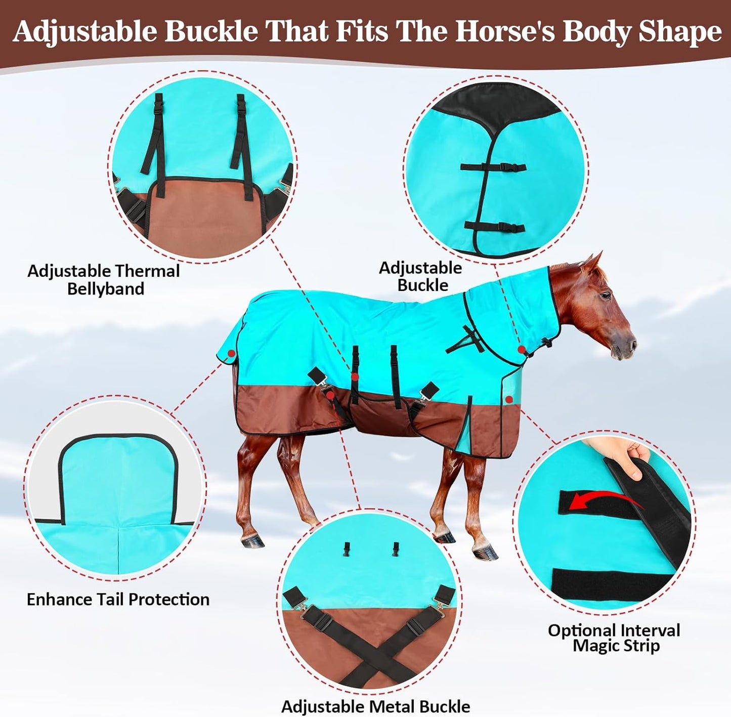 72" Horse Blankets Winter for Real Horses, 600D Waterproof & No Filling Turnout Sheet with Removable Neck Cover, Windproof Tail Flap and Belly Wrap, Suitable for Stables, Pastures and All-Weather Use