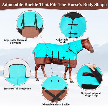 72" Horse Blankets Winter for Real Horses, 600D Waterproof & No Filling Turnout Sheet with Removable Neck Cover, Windproof Tail Flap and Belly Wrap, Suitable for Stables, Pastures and All-Weather Use