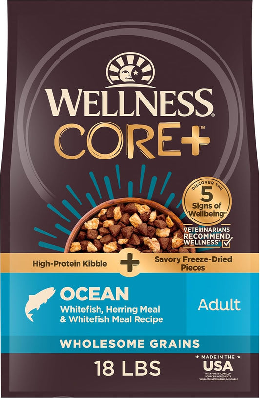 Wellness CORE+ Dry Dog Food with Freeze Dried Pieces, Wholesome Grains, High Protein, Natural, Ocean Whitefish & Herring Recipe, (18-Pound Bag)