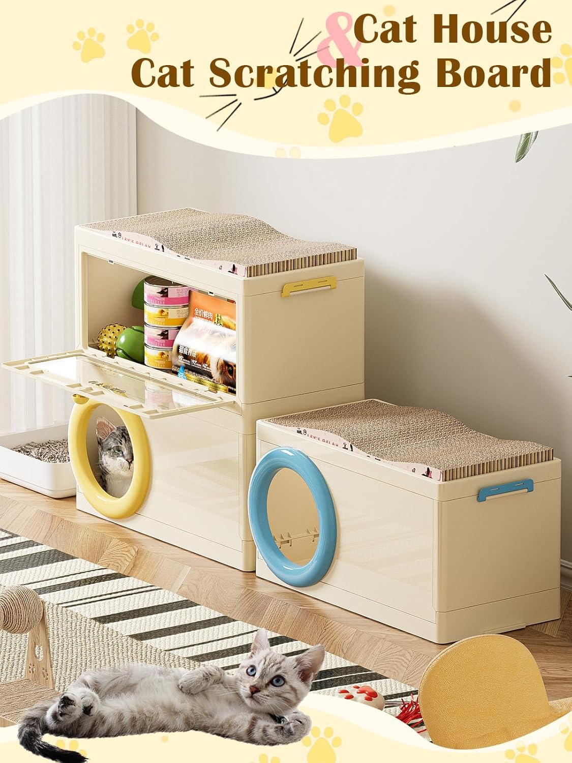 3 in 1 Plastic Cat House with Scratching Board, Foldable Feral Cat Shelter with Pet Supply Storage Bin, Waterproof Weatherproof for Outdoor Indoor Use