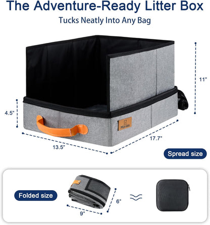 MORAIS Portable Travel Litter Box for Cats, 17.7"×13.5"×11" Collapsible Cat Litter Box with Lid, Leak-Proof Cat Litter Pan for Car Hotel Airplane, Waterproof & Easy to Carry- Gray