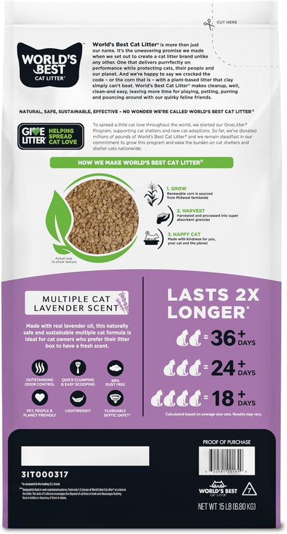 WORLD'S BEST CAT LITTER Multiple Cat Lavender Scented 15-Pounds - Natural Ingredients, Quick Clumping, Flushable, 99% Dust Free & Made in USA - Calming Fragrance & Long-Lasting Odor Control