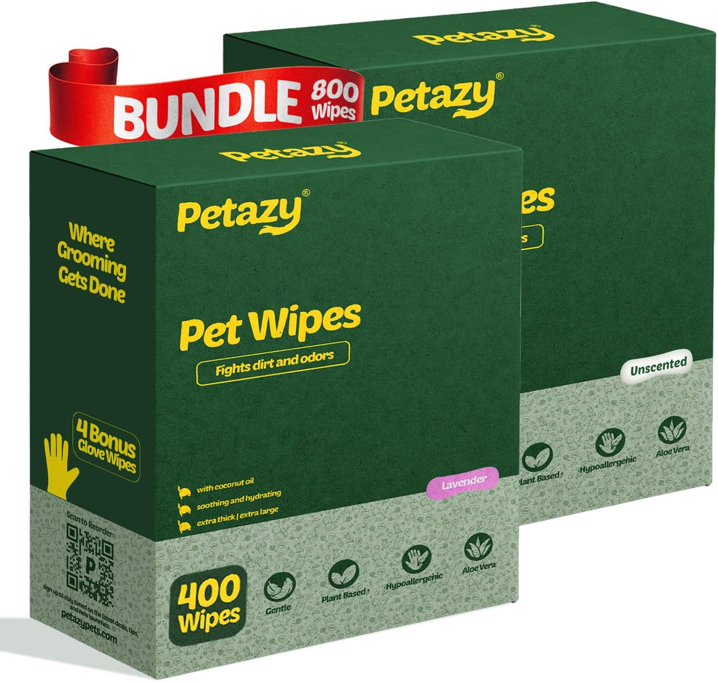 Pet Wipes Bundle | 400 Lavender Scented Pet Wipe | 400 Unscented Pet Wipes | 10 Bonus Glove Wipes