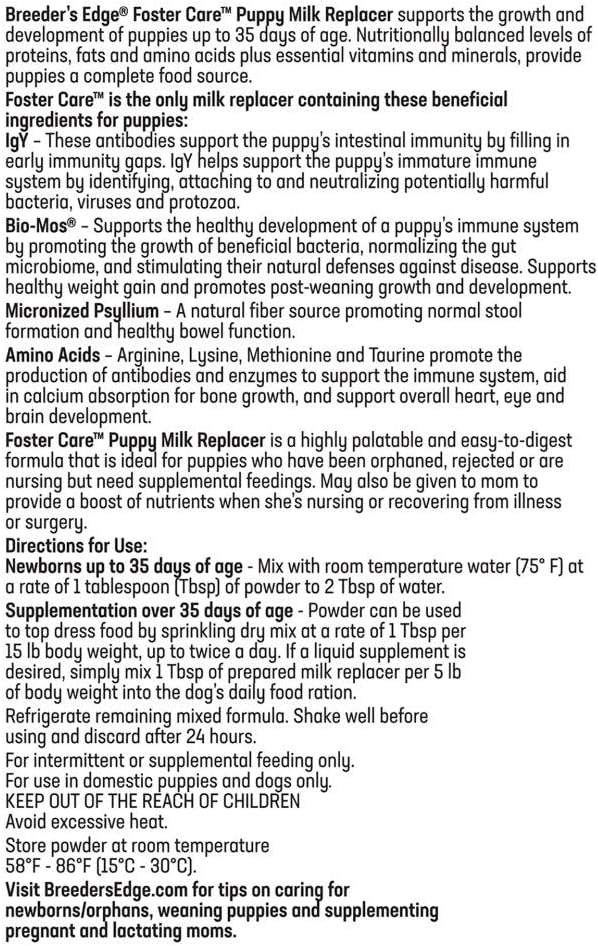 Breeder's Edge Foster Care Canine Milk Replacer Powder, Complete Nutritional Supplement for Puppies & Dogs, Supports Healthy GI & Immune System, Easy to Mix Formula, 12 oz