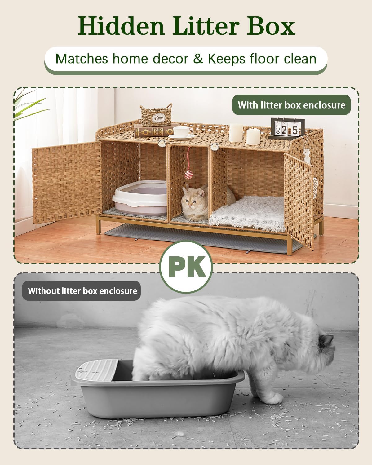 Cat Litter Box Enclosure for 2 Cats, Hidden Litter Box Furniture with Mat, Large Rattan Cat House with Double Room and Door, 47.3 L x 19.7 W x 24 H, 2 S-Shaped Hooks for Living Room Natural