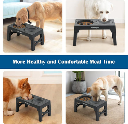 2-in-1 Elevated Slow Feeder Dog Bowls for Food and Water, 5 Heights Adjustable Raised Dog Bowls, Non-Slip, No Spill, for Small Medium Large Dogs and Cats(Grey)