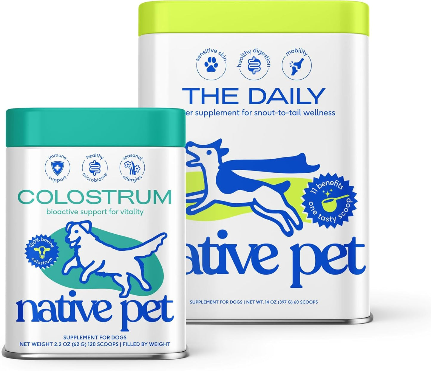 Native Pet The Daily Dog Vitamins & Supplements (60 Scoops) & Bovine Colostrum Powder (120 Scoops) – 11-in-1 Multivitamin, Allergy Relief, Immune Support & Itchy Skin Treatment for Dogs