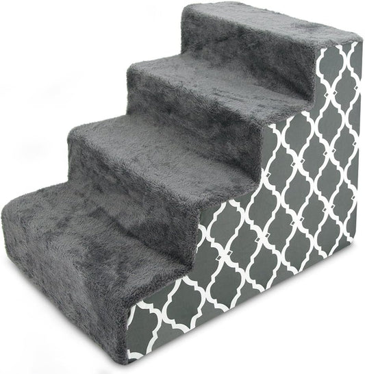 Best Pet Supplies Dog Stairs for Small Dogs & Cats, Foam Pet Steps Portable Ramp for Couch Sofa and High Bed Non-Slip Balanced Indoor Step Support, Paw Safe No Assembly - Gray Lattice Print, 4-Step
