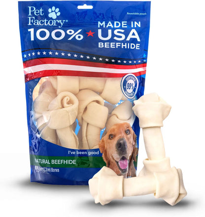 Pet Factory 100% Made in USA Beefhide 6-7" Knotted Bones Dog Chew Treats - Natural Flavor, 8 Count/1 Pack
