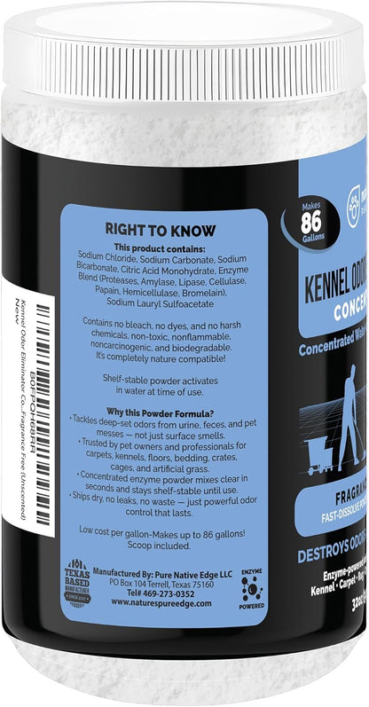 Kennel Odor Eliminator Concentrate – Enzyme Powder for Strong Pet Odor, Urine & Poop – Safe for Kennels, Crates, and Carpets – Makes 86 Gallons – Fragrance Free - Industrial Pet Urine Odor Eliminator.