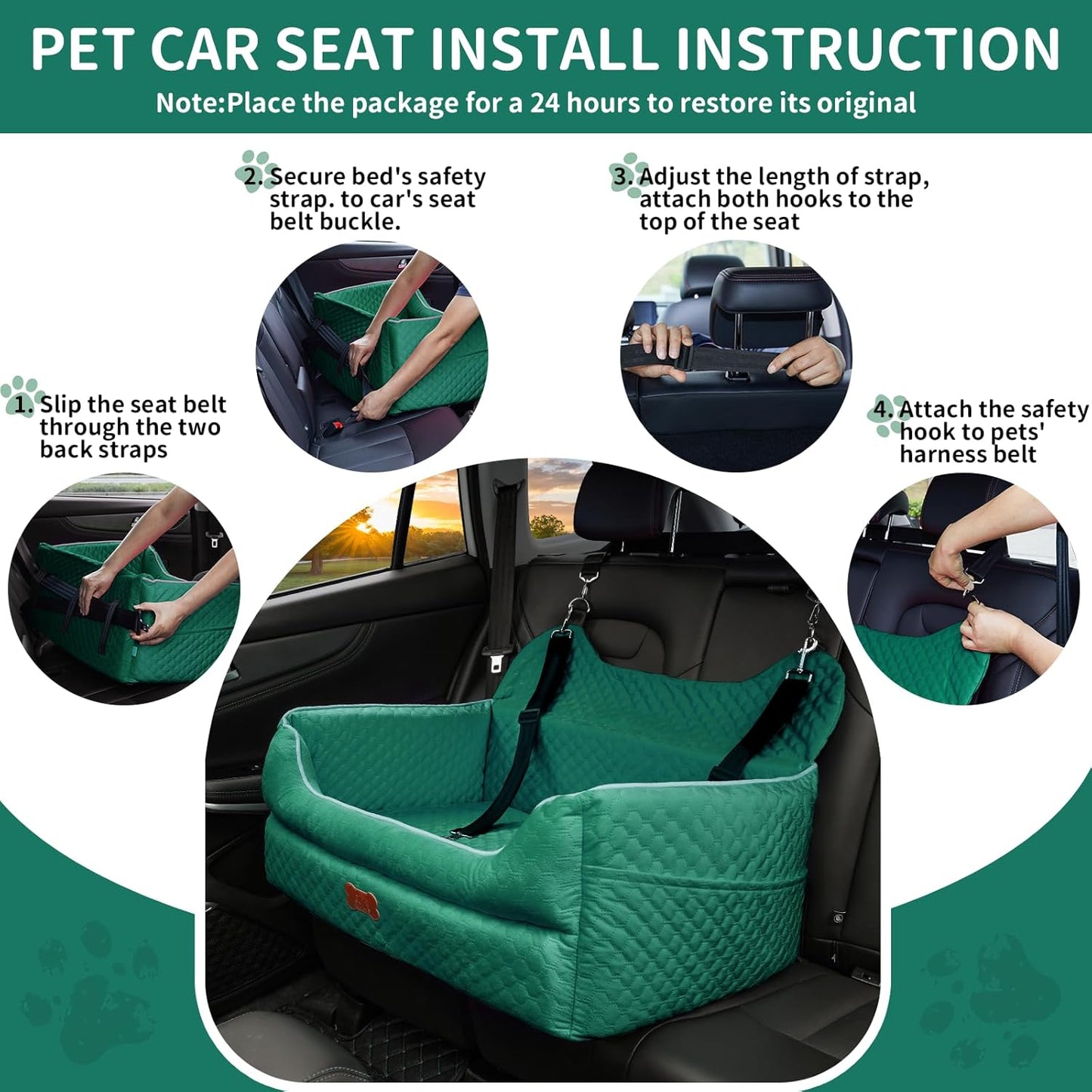 Dog Car Seat for Large/Medium Dogs - Memory Foam Dog Booster Seat for Under 55Lbs or 2 Small Dogs-Detachable and Washable Travel Bed with Thick Cushion and Storage Pockets-Green