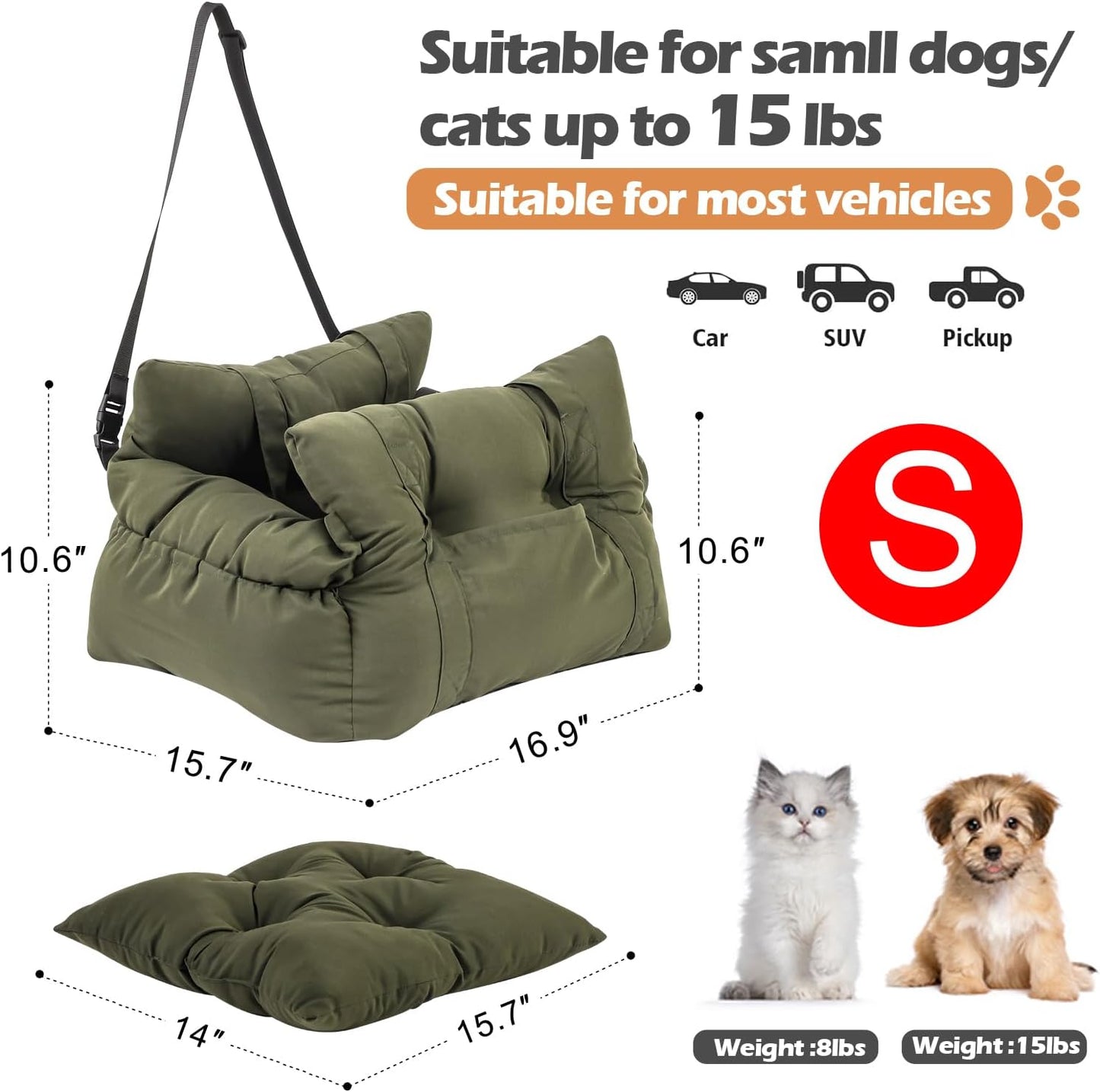 Small Dog Car Seat Up to 15lbs - Pet Travel Bed Booster with Storage, Safety Tether, Anti-Slip Bottom for Cars(Green)