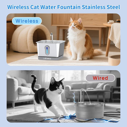 Stainless Steel Cat Water Fountain 135oz/4L:Battery Operated Wireless Cat Fountains for Drinking Indoor, Automatic Pet Water Dispenser with Ultra Quiet Pump,Multi-Filtration